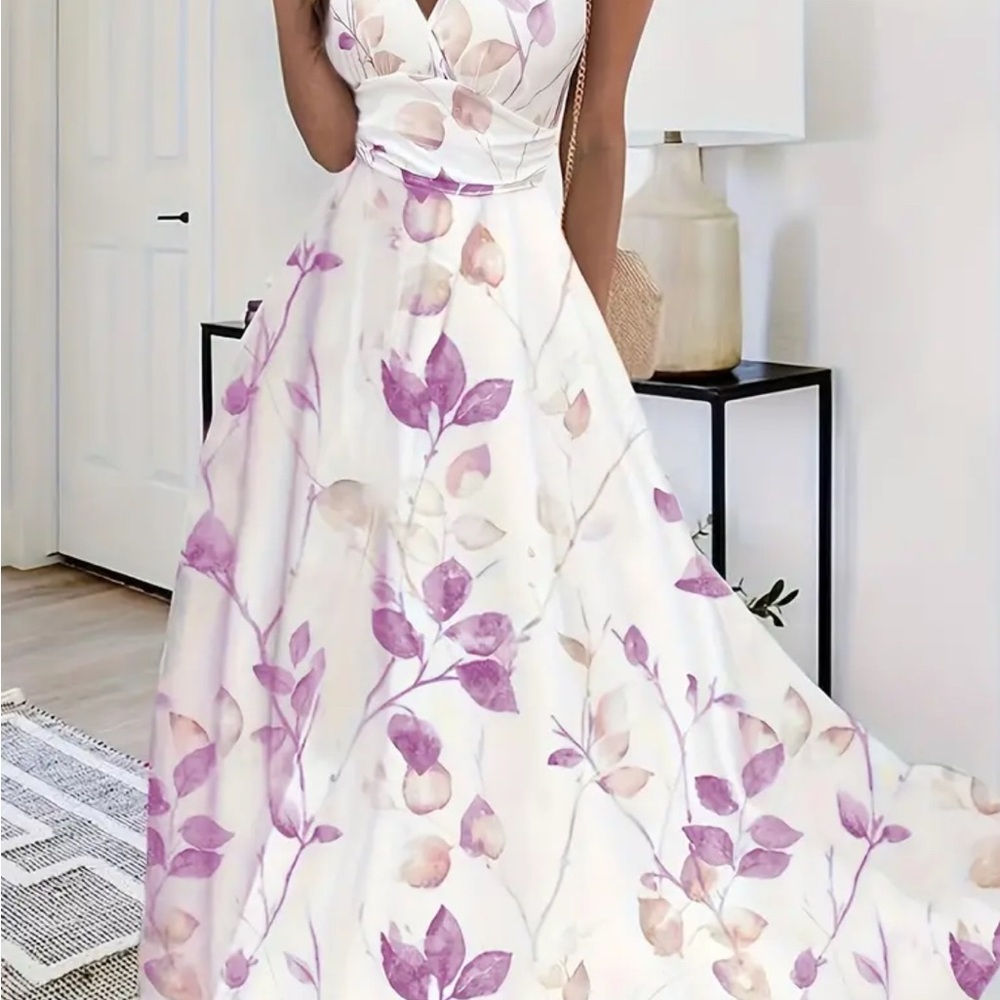 Elegant Floral White and Purple Dress
